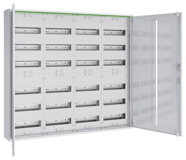 Ein offener elektrischer Verteilerschrank mit mehreren Reihen leerer Steckplätze für Sicherungen oder Module, mit einer transparenten Tür auf der rechten Seite.