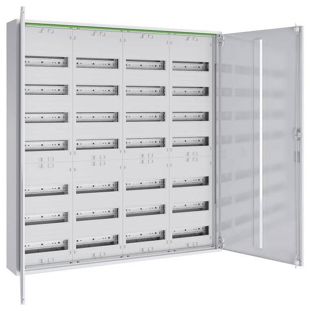 Ein offener, leerer Metallschrank mit mehreren horizontalen Schlitzen, die in Reihen angeordnet sind und wahrscheinlich zur Aufnahme von elektronischen oder elektrischen Geräten dienen.