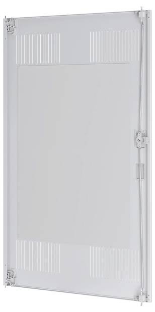 Rechteckiges, transparentes Scharnierpanel mit Metallrahmen, das Belüftungsschlitze an den oberen und unteren Kanten aufweist, möglicherweise für den Zugang zu Ausrüstung.