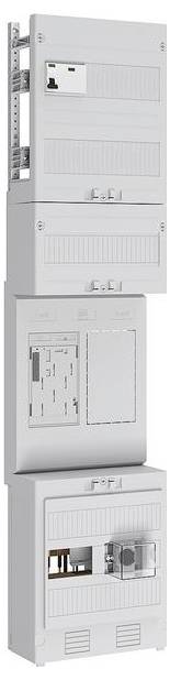 Ein mehrteiliges elektrisches Schaltpanel mit verschiedenen Komponenten, darunter Messgeräte und Schalter, die vertikal angeordnet sind.