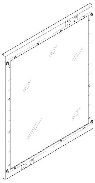 Eine Skizze eines gerahmten Panels mit quadratischer Form, Bolzen an den Kanten und vier reflektierenden Oberflächen, die einen flachen, glänzenden Finish andeuten.