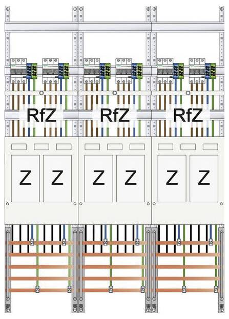 Elektrische Verteilertafel mit beschrifteten Abschnitten 'RfZ' und 'Z', die Verdrahtung und Sicherungsautomaten für die Verteilung zeigt.