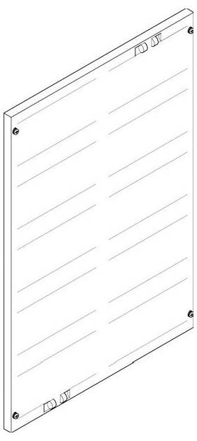 Eine 3D-Linienzeichnung einer montierten Glasscheibe mit vier Wandhalterungen, möglicherweise für Beschilderung oder Ausstellungszwecke.