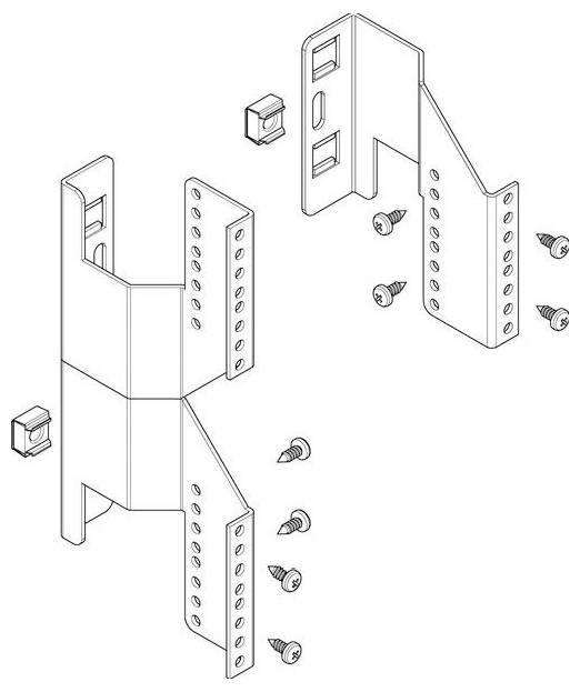 Montageanleitungen für zwei Metallhalterungen mit mehreren Befestigungslöchern, inkl. Schrauben und Unterlegscheiben, zur strukturellen Verstärkung.