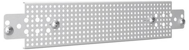 Eine rechteckige Metallplatte mit mehreren kleinen kreisförmigen Löchern und drei hervorstehenden Schrauben, wahrscheinlich für Befestigung oder Belüftung verwendet.