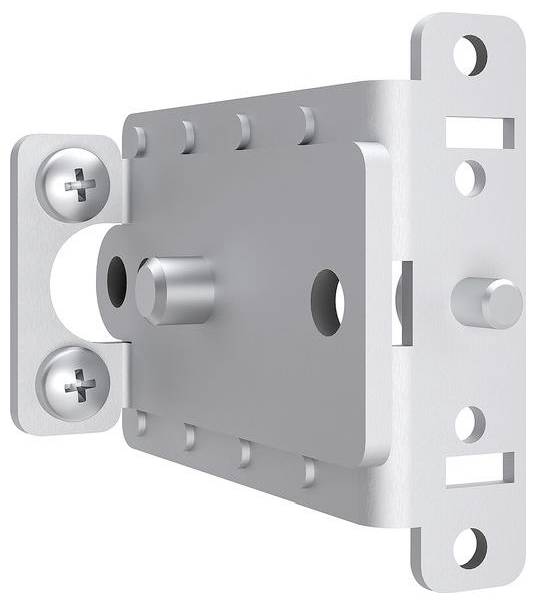 Metallischer Verschlussmechanismus mit einer rechteckigen Platte und zwei seitlichen kreisförmigen Schrauben, vorgesehen zum Sichern von Türen oder Platten.