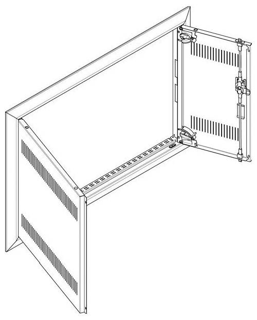 Eine architektonische Linienzeichnung eines Eckschranks mit offener Tür, die Innenregale und Lüftungsgitter zeigt.