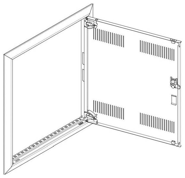 Offener Metallschaltschrank mit belüfteter Tür und Verschließsystem, der Scharniere und strukturelle Umrisse in einer technischen Zeichnung zeigt.