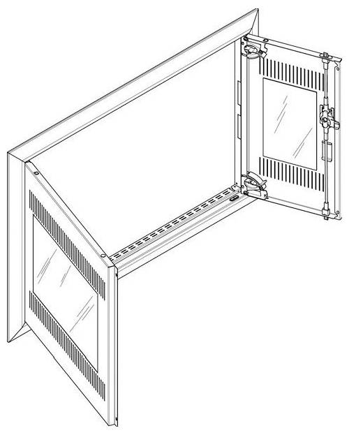 Diagramm einer Eck-Klimaanlage mit geöffneten Blenden, die interne Lüftungsöffnungen und Scharniere zeigt und die Anordnung der Komponenten und Zugänglichkeit veranschaulicht.
