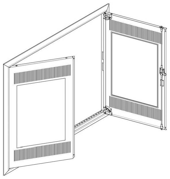 Schwarz-weiße Skizze eines Ausstellungskastens mit zwei Paneelen und Türen mit Scharnieren, die leicht geöffnet sind und Innenräume sichtbar machen. Belüftungsschlitze sind erkennbar.