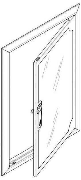 Eine Darstellung eines teilweise geöffneten Fensters mit Rahmen, Scharnier und Griff an der Seite.
