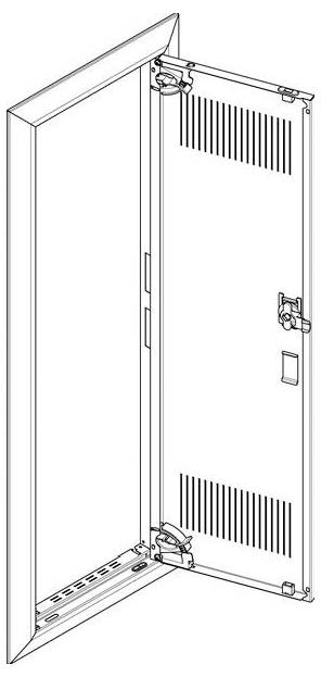 Diagramm einer offenen Schranktür mit Lüftungsschlitzen, Scharnieren und einem Verschluss. Konzipiert für optimale Luftzirkulation und einfachen Zugang zum Inhalt.