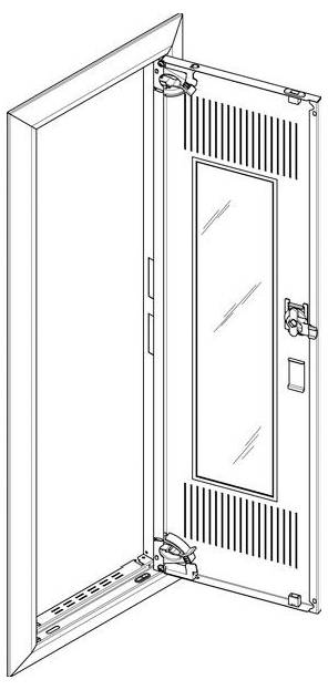 Offene Tür mit sichtbaren Scharnieren und Lüftungsöffnungen, die Türmechanik und Belüftungskomponenten veranschaulicht.