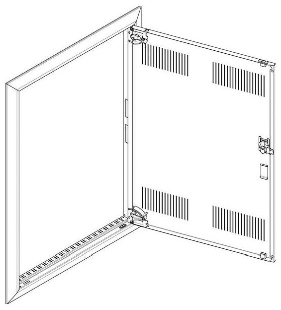 Eine Darstellung einer offenen Metalltürfront eines Schranks mit Lüftungsschlitzen, Scharnieren und Verschlussdetails, wahrscheinlich für elektrische oder technische Ausrüstung.