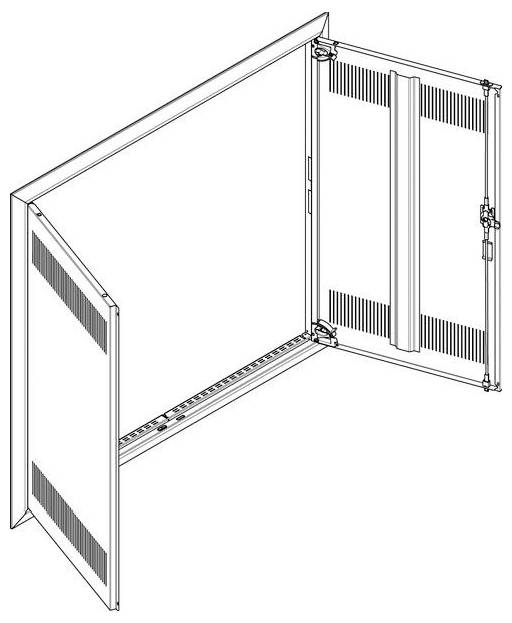Offene elektrische Schaltschrank-Ansicht aus einem Winkel, die Türen mit Lüftungsschlitzen und Scharnieren zeigt.