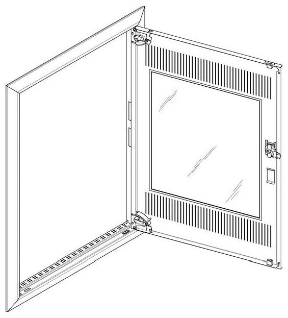 Eine Illustration einer offenen Zugangspaneltür, die einen Rahmen mit Lüftungsschlitzen, Scharnieren und einem Verschlussmechanismus zeigt.
