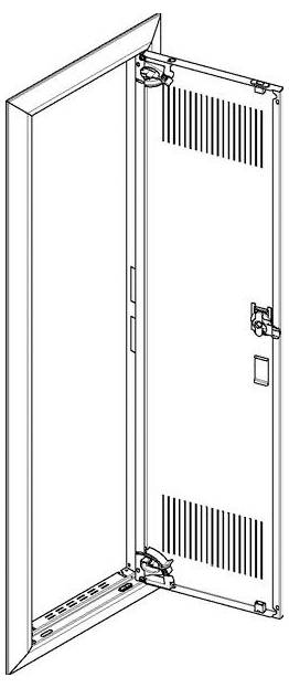 Offene rechteckige Metallschranktür, die Lüftungsschlitze und Riegelungsmechanismen auf der Innenfläche zeigt.