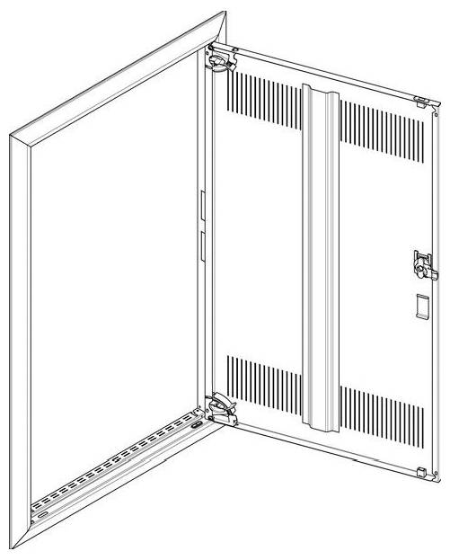 Technische Linienzeichnung eines Metallzugangsschachts mit einer nach oben offenen Klappe, die Lüftungsschlitze und einen seitlich montierten Verschlussmechanismus zeigt.