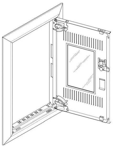 Eine Darstellung eines geöffneten Elektroverteilerkastens zeigt den inneren Verdrahtungsbereich, den Scharniermechanismus und die Zugangstür mit zwei Verschlusssriegeln.