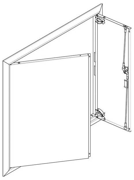 Eine Darstellung einer geöffneten Zugangstür, die ihren Rahmen und den Scharniermechanismus zeigt. Die Tür ist schräg geöffnet und offenbart ein leeres Inneres.