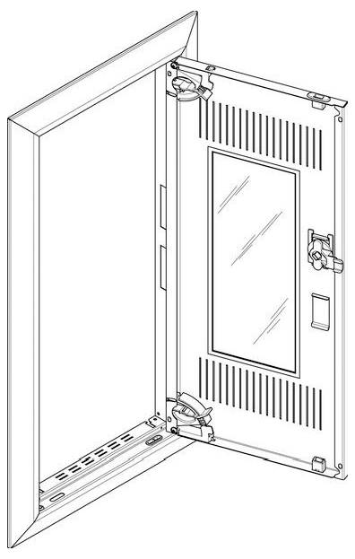 Ein offenes elektrisches Schaltpanel mit sichtbaren Lüftungsöffnungen und Verschlussmechanismen, das seinen inneren Rahmen und die Türgestaltung zeigt.