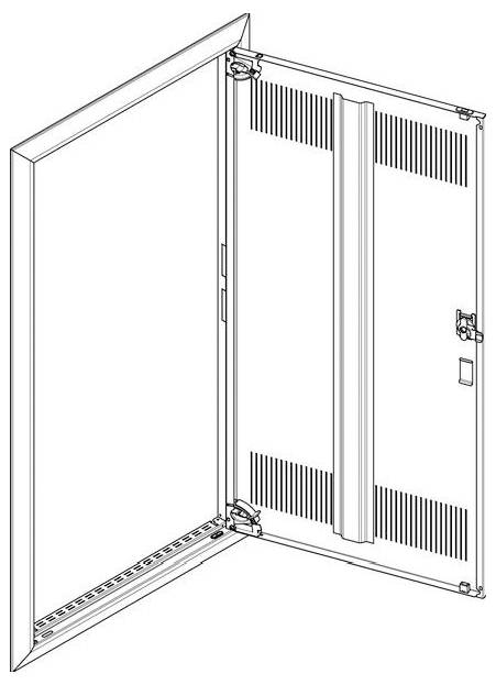 Zeichnung eines offenen Metallschranks mit belüfteten Paneelen und sichtbaren Scharnieren, der typischerweise zur Unterbringung von elektrischen oder Netzwerkgeräten verwendet wird.