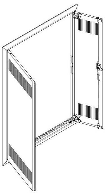 Eine Illustration eines zweitürigen Schranks, geöffnet, mit belüfteten Paneelen und sichtbaren Scharnieren auf der rechten Seite.