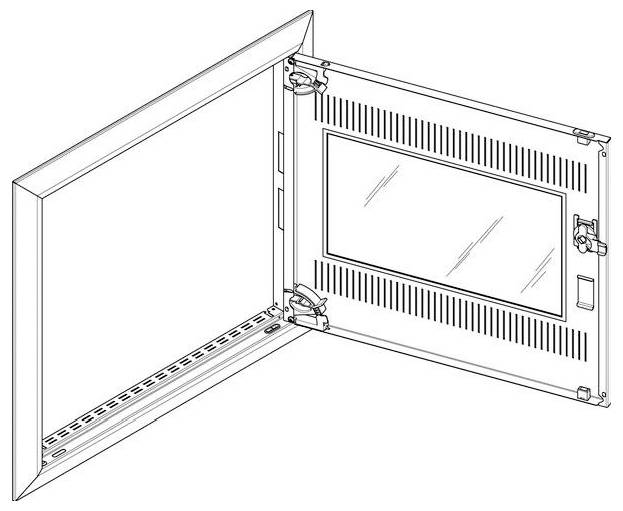 Eine illustrierte Skizze eines offenen Metallgehäuses mit einer Tür mit Scharnier, die Lüftungsschlitze und ein rechteckiges Fenster auf der Tür zeigt.