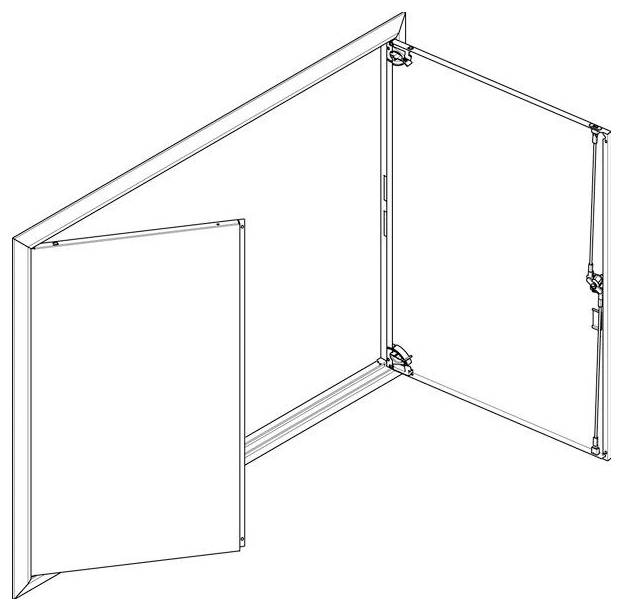 Isometrische CAD-Zeichnung eines Falttürsystems aus Glas mit zwei Paneelen, in geöffneter Position dargestellt. Scharniere und Rahmendetails sind sichtbar.