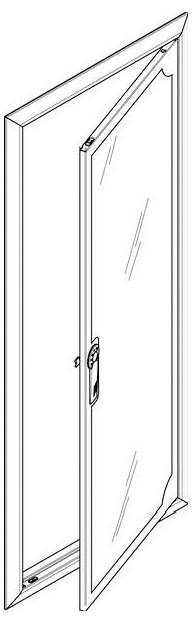 Eine Linienzeichnung einer offenen Glastür mit einem Griff, in einen Rahmen eingesetzt, aus einem Blickwinkel betrachtet.