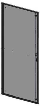 Eine rechteckige Glastür mit einem schwarzen Metallrahmen, aus einem Winkel betrachtet.