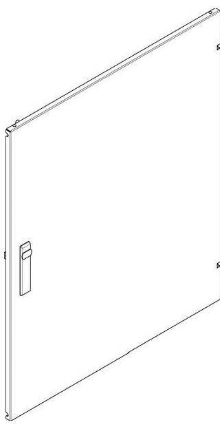 Eine isometrische Linienzeichnung einer flachen Tür mit einem rechteckigen Griff am linken Rand.