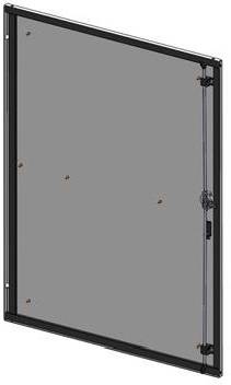 Ein rechteckiger Metallrahmen mit einer Tür an einem Scharnier, wahrscheinlich eine Schutzvorrichtung oder Vitrine, leicht aus der Seitenansicht betrachtet.