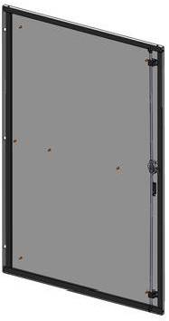 Ein rechteckiges Metallrahmen-Acrylpanel mit sichtbaren Scharnier- und Verriegelungskomponenten, möglicherweise als Tür oder Abdeckung verwendet.