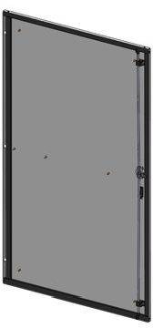 Seitenansicht eines rechteckigen, vertikal ausgerichteten grauen Panels mit schwarzem Rahmen und vier sichtbaren Befestigungspunkten.