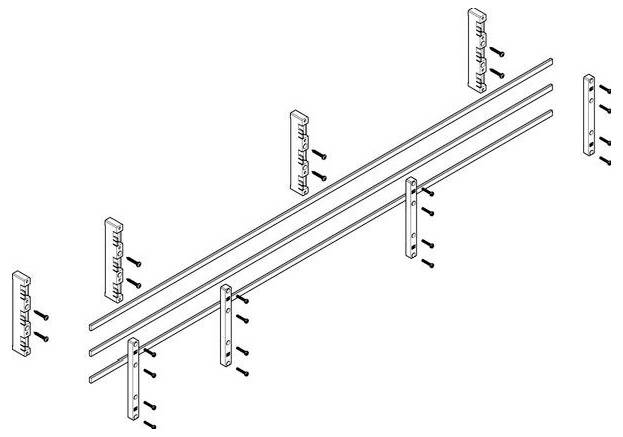 Diagramm einer Zauninstallation mit Metallschienen und vertikalen Pfosten. Pfeile zeigen, wo Schrauben zum Befestigen der Konstruktion eingesetzt werden sollen.
