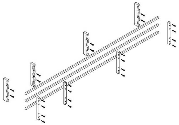 Eine Explosionszeichnung eines wandmontiertes Schienensystems mit Halterungen und Schrauben. Die Komponenten sind zur Verdeutlichung der Montage auseinandergerissen dargestellt.