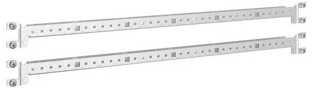 Zwei verstellbare Metallschienen für Servergestelle mit mehreren Befestigungslöchern für vielseitige Installationsmöglichkeiten.