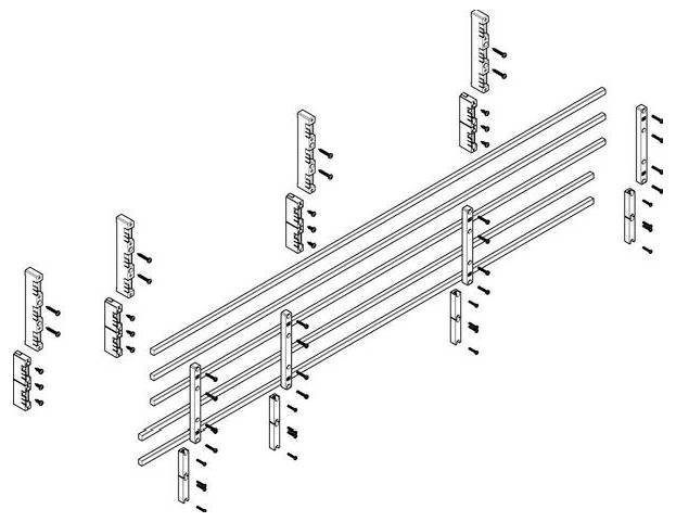 Diagramm einer Schienenkonstruktion mit drei horizontalen Schienen, die von vertikalen Halterungen gestützt werden. Schrauben befestigen die Halterungen an den Wänden.