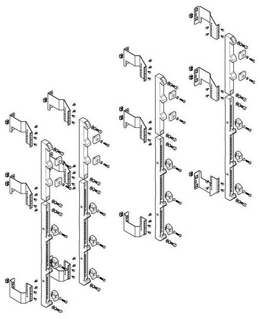 Explosionszeichnung einer Rack-Montageklammer-Baugruppe, die verschiedene Komponenten wie Halterungen, Schrauben und Befestigungselemente in einer Sequenz zeigt.