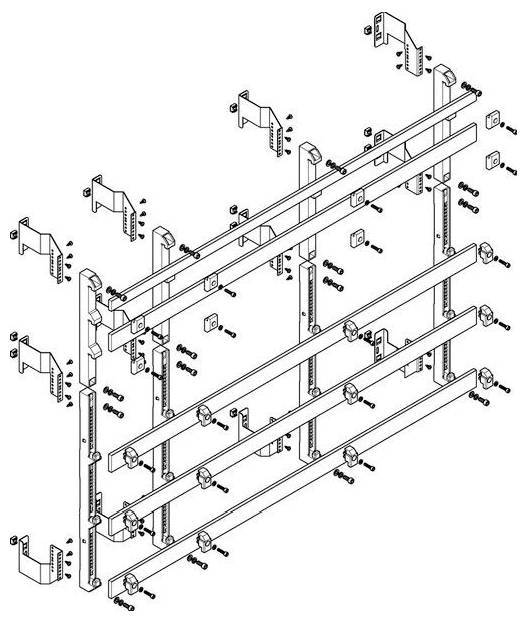 Explosionszeichnung einer Metallregalkonstruktion. Komponenten umfassen vertikale und horizontale Stangen, Halterungen und Schrauben, die die Ausrichtung zeigen.