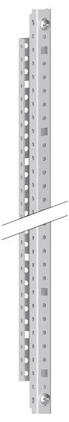 Eine lange, gerade Stahlschiene mit mehreren Löchern, die für verstellbare Regale oder Halterungen verwendet wird und in der mittleren Sektion einen Bruch aufweist.