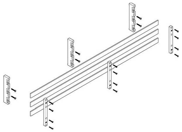 Diagramm von horizontalen Stangen, die zwischen vertikalen Halterungen an einer Wand mit Schrauben installiert werden, was Montageanweisungen veranschaulicht.