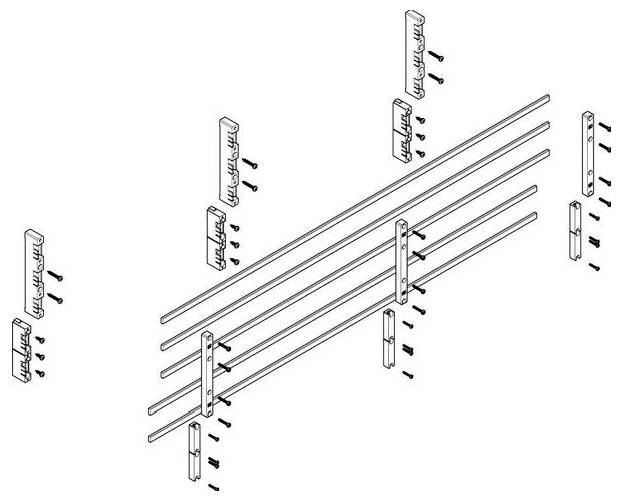 Diagramm zur Veranschaulichung des Zusammenbaus einer Mehrschienen-Konstruktion, das Halterungen, Schienen und Schrauben mit Platzierungs- und Ausrichtungshinweisen zeigt.