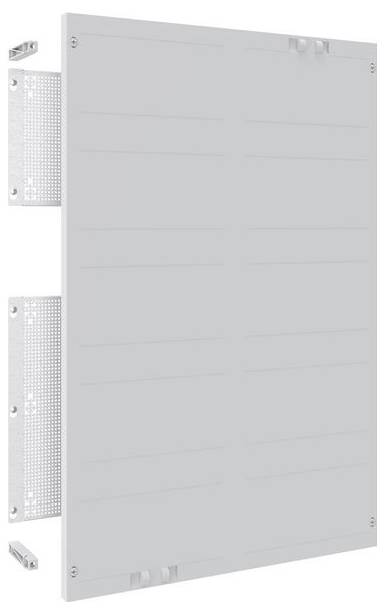 Eine graue Metallplatte mit Scharniervorrichtungen, die auf der linken und rechten Seite angebracht sind. Keine sichtbaren Markierungen oder Beschriftungen auf der Platte.