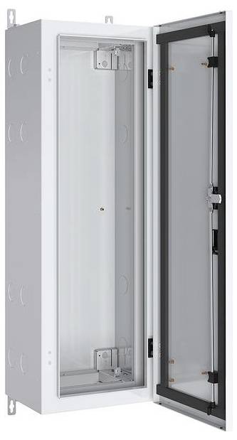 Ein hoher, rechteckiger metallischer Elektroschrank mit einer Glastür, geöffnet, um das leere Innere für Verdrahtung oder Geräteinstallation zu zeigen.