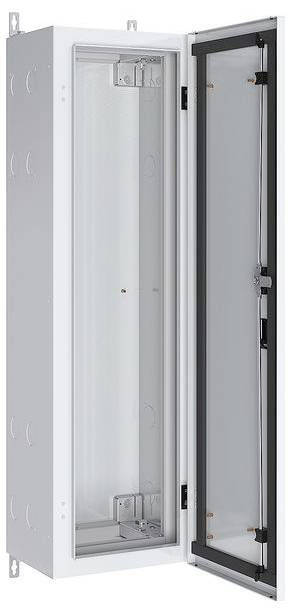 Eine offene, leere Metallschaltschrank-Gehäuse mit einer transparenten Frontscheibe und seitlichen Scharnieren, konzipiert für die Montage von elektrischen Komponenten.