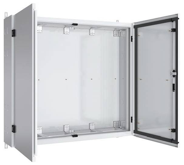 Ein offenes Metallgehäuse mit einer transparenten Tür, das ein leeres Inneres zur Aufnahme von elektrischen Komponenten zeigt.