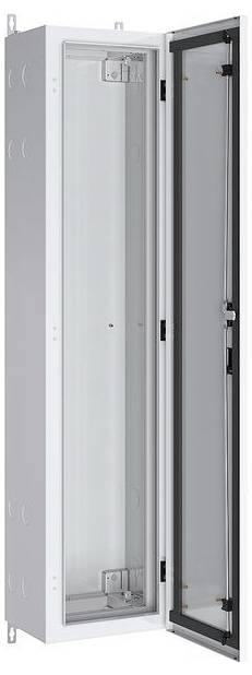 Ein hoher, offener Metallschrank mit einer Glastür, in dem leere Regale zu sehen sind.