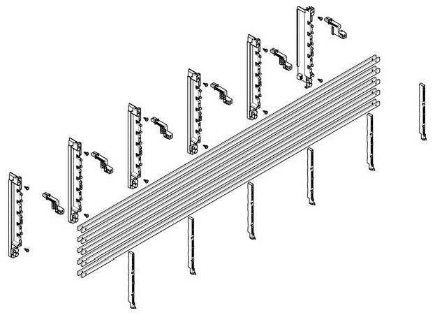 Diagramm zur Montage eines Regalsystems mit vertikalen und horizontalen Stangen, Verbindern und Befestigungselementen.